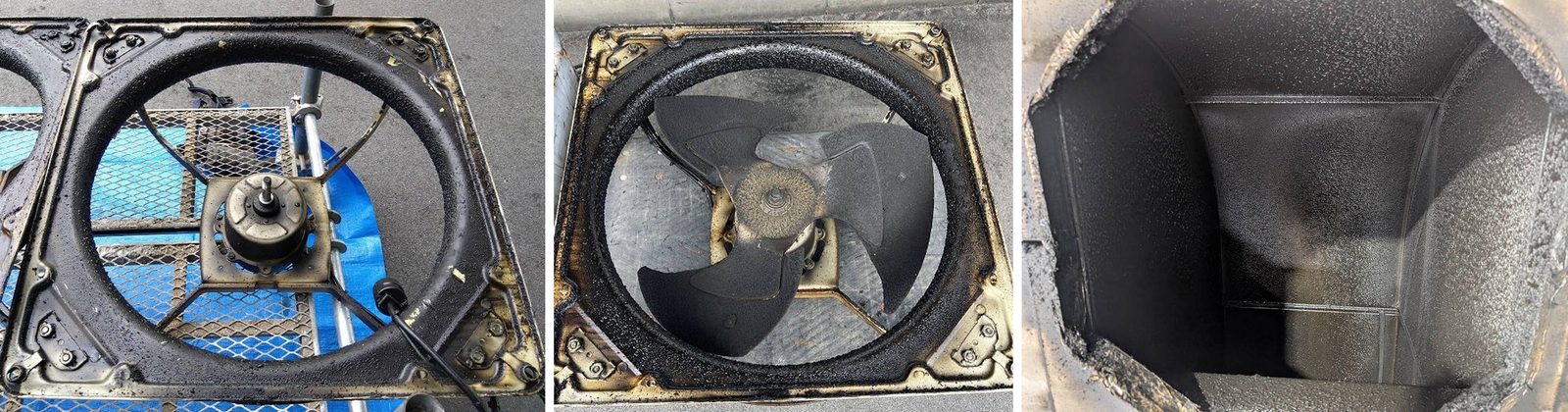 精密工場の油汚れが付着した換気扇と換気口