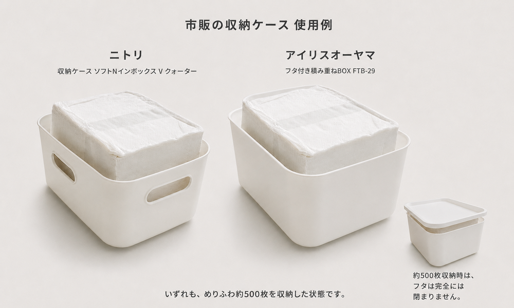 市販の収納ケースにめりふわ約500枚を収納した使用例