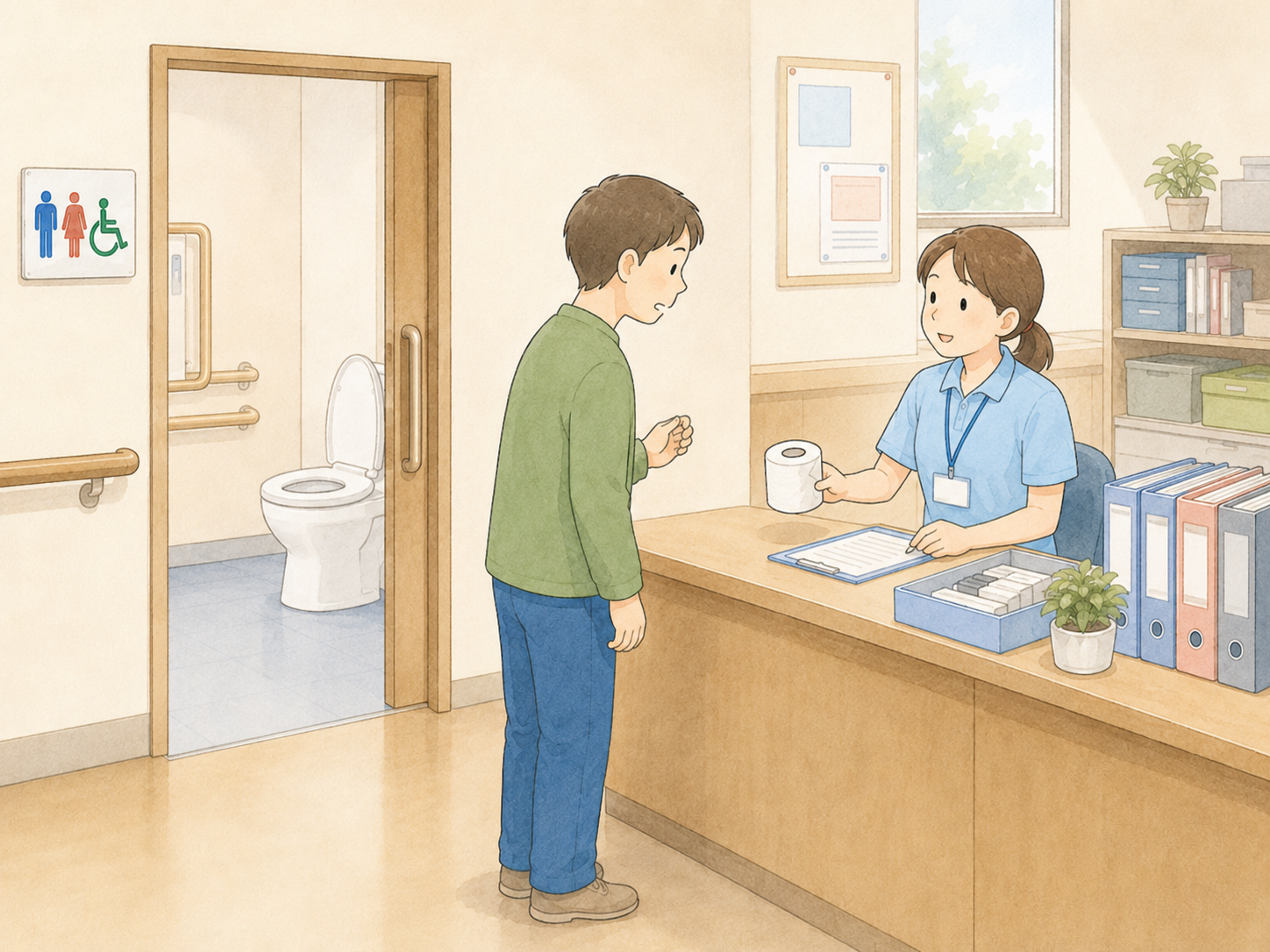 福祉施設で利用者様が都度トイレットペーパーを取りに行く場面