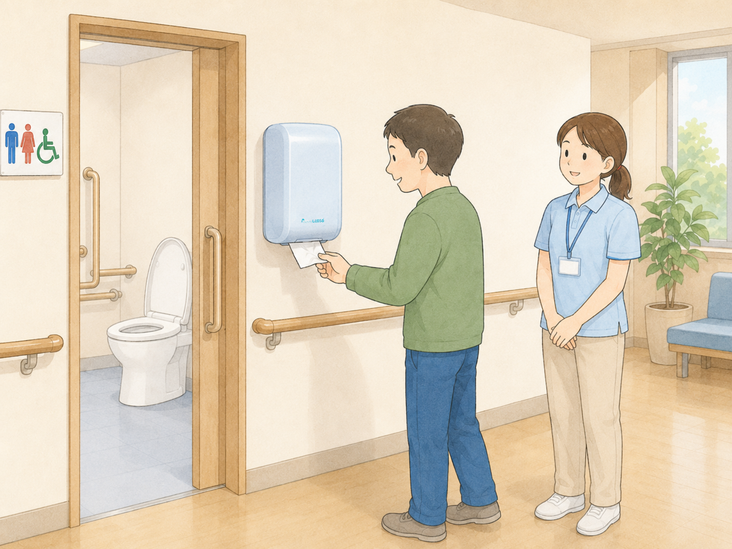 シートトイレットペーパーを入口付近で自分で取り出せる場面